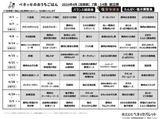 ベネッセのおうちごはん献立表2024.4